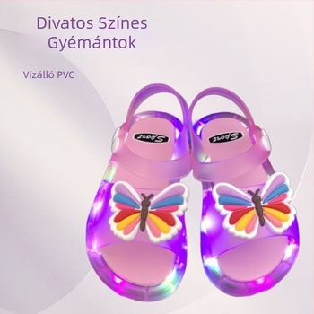 Gyermekek fénylő zselés szandálok gyémántos virágdíszítéssel, aranyos hercegnő-stílus