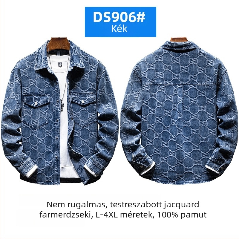 Férfi deniming-jakett jacquard mintás kockás, galléros, lezser viselet tavasz–ősz