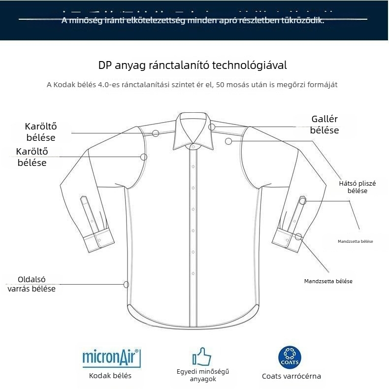 Férfi hosszú ujjú fehér ing, üzleti slim fit, vasalásmentes, gyűrődésálló, egyszínű