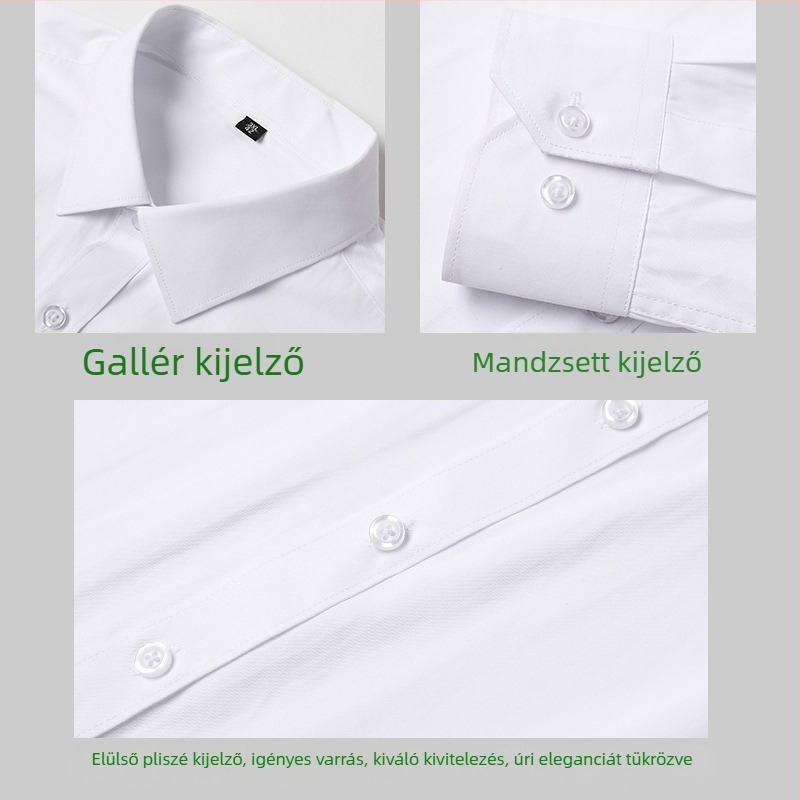 Férfi fehér hosszú ujjú slim-fit ing, koreai stílus, egyszínű, gyűrődésálló