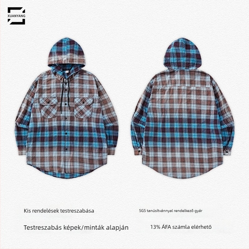 Férfi kapucnis kockás ingdzseki, 100% pamut, lazán szabott, enyhe fakulási átmenettel, 2025 tavasz-ősz, streetwear