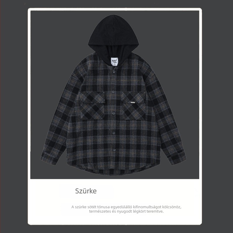 Savage Base Férfi kapucnis kockás inget-jacke, két részes hatás, színblokkolás, amerikai retro stílus, vastag őszi-téli