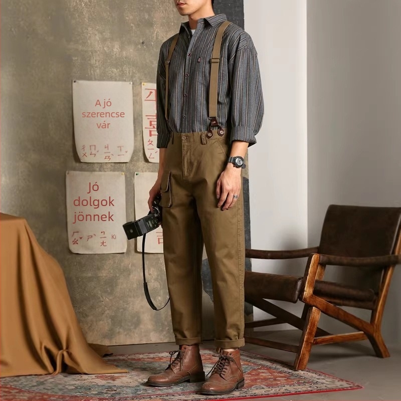 Férfi retro, függőleges csíkos hosszú ujjú ing, japán Ame Kaji vintage stílus, vasalás nélkül
