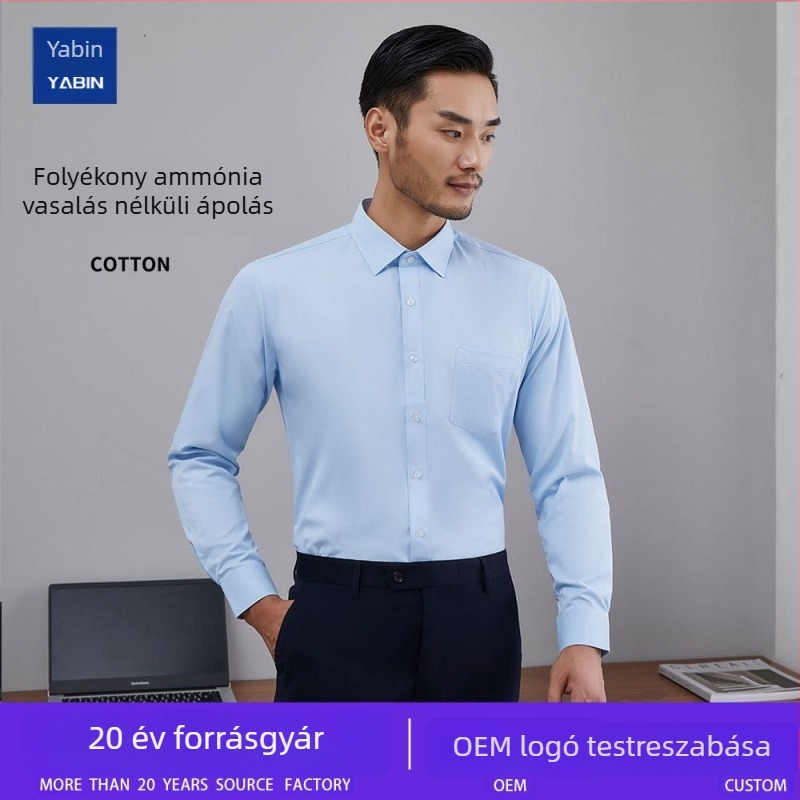 Férfi fehér hosszú ujjú ing tavasz–őszre, üzleti és hétköznapi viselet, vasalásmentes, gyűrődésmentes, lélegző pamut-keverék