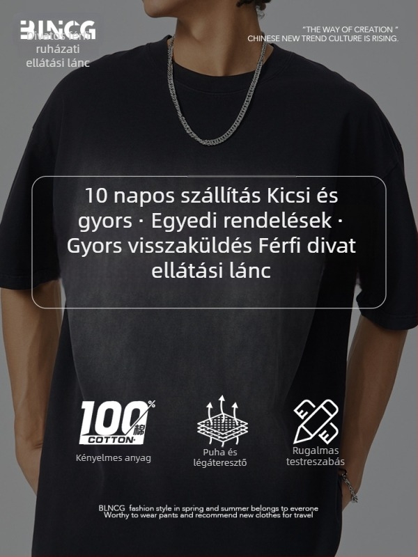 Férfi pamut T-shirt, laza szabású, retro stílus, spray-szín lovas motívummal, rövid ujjú, kerek nyak, nyár 2025