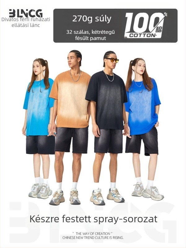Férfi pamut T-shirt, laza szabású, retro stílus, spray-szín lovas motívummal, rövid ujjú, kerek nyak, nyár 2025