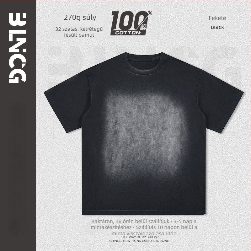 Férfi pamut T-shirt, laza szabású, retro stílus, spray-szín lovas motívummal, rövid ujjú, kerek nyak, nyár 2025