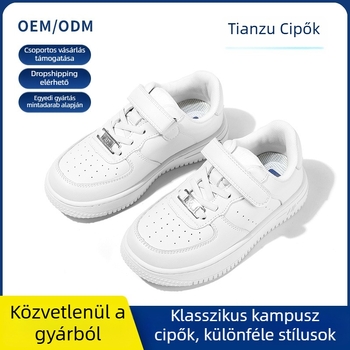 Gyerekeknek készült fehér sportcipő, felsőrésze lélegző szintetikus bőrből, puha talp, forgatható csattal, iskolai viselet
