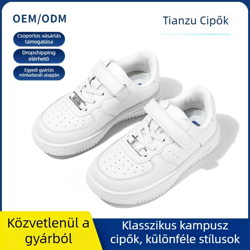 Gyerekeknek készült fehér sportcipő, felsőrésze lélegző szintetikus bőrből, puha talp, forgatható csattal, iskolai viselet