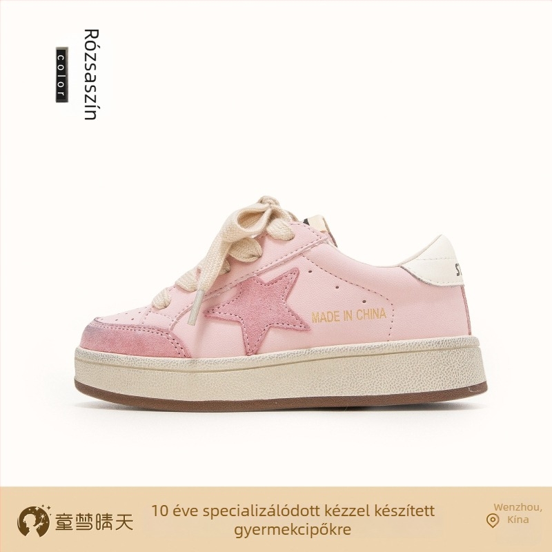 Gyerekeknek szánt lányos sportcipő, rózsaszín, csillag mintával, alacsony szárú, Velcro-zár, puha talpú.