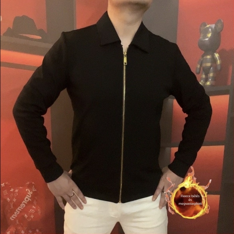 Férfi galléros cipzáros kardigán fleece-béléssel, könnyű átmeneti kabát