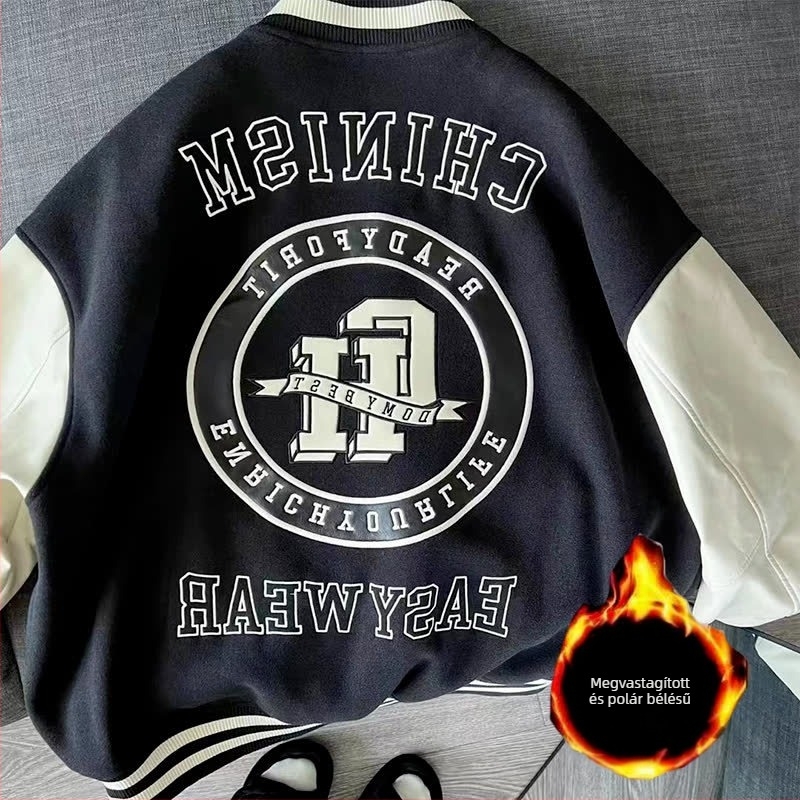 Fleece bélelt baseballdzseki férfiaknak, street style, csíkok és feliratok mintával, tél 2025