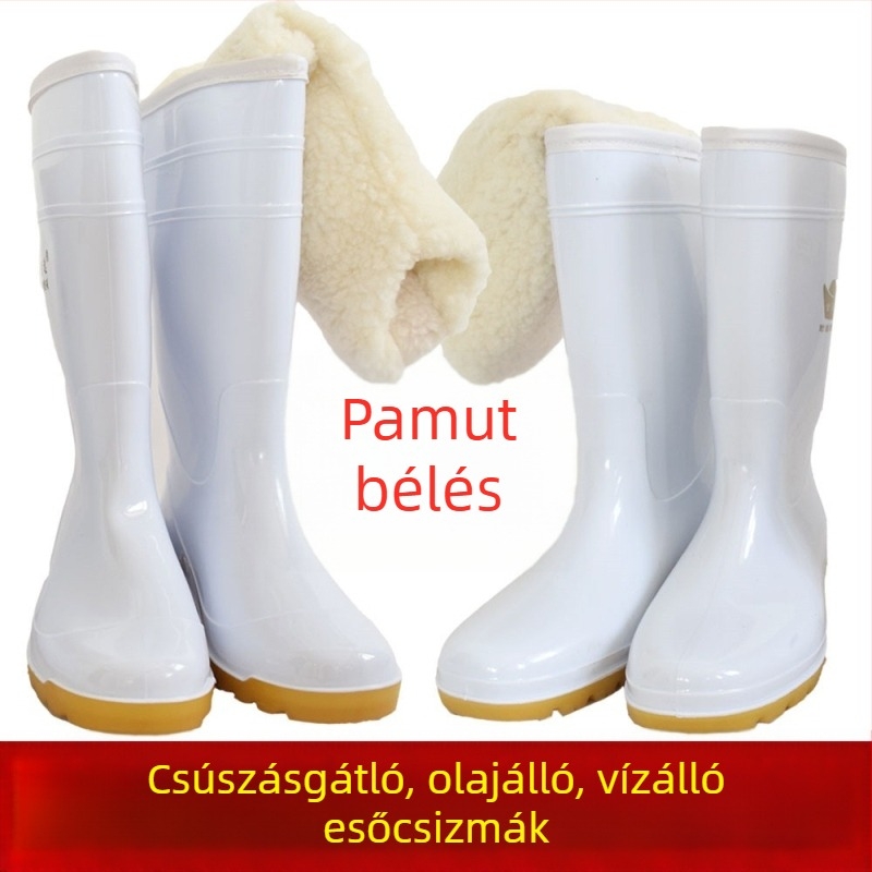 Fehér pamut esőcsizmák, olajálló, csúszásmentes, élelmiszeripari minőségű, vízálló, meleg, pamuttal bélelt, magas szárú