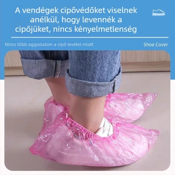 Egyszer használatos beltéri cipővédők PE műanyagból; por- és vízállóak, kopásállóak, csúszásmentesek; egy méret; rózsaszín és kék.