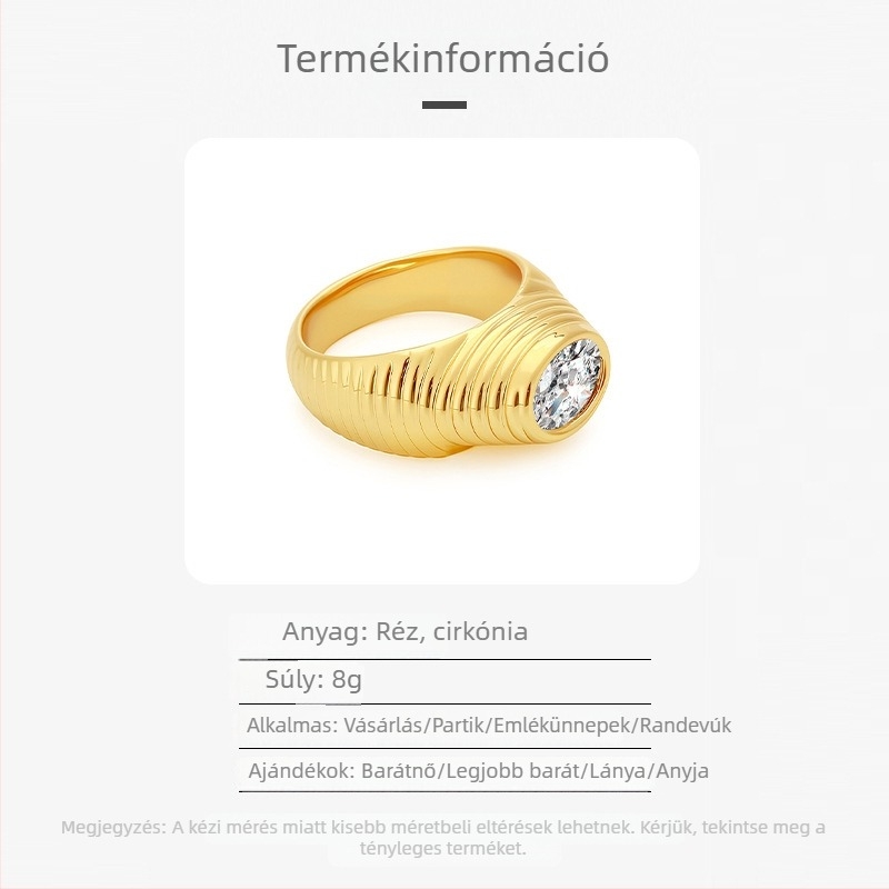 Vékony háromdimenziós solitaire gyűrű spiráltextúrával és geometriai cirkón dizájnnal