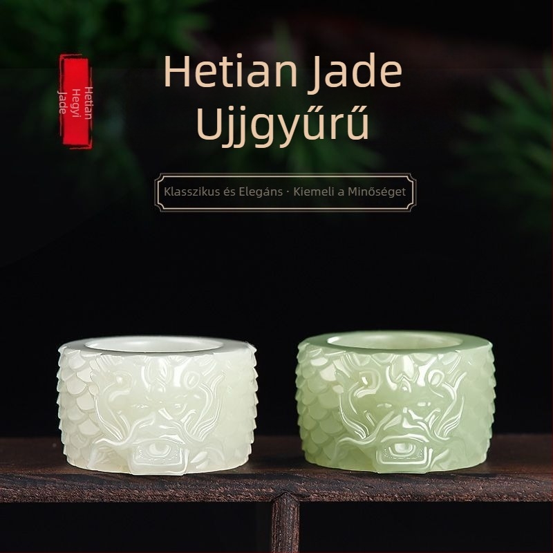Természetes Hetian fehér jade gyűrű férfiaknak, sárkányfej mintával, vintage stílus.