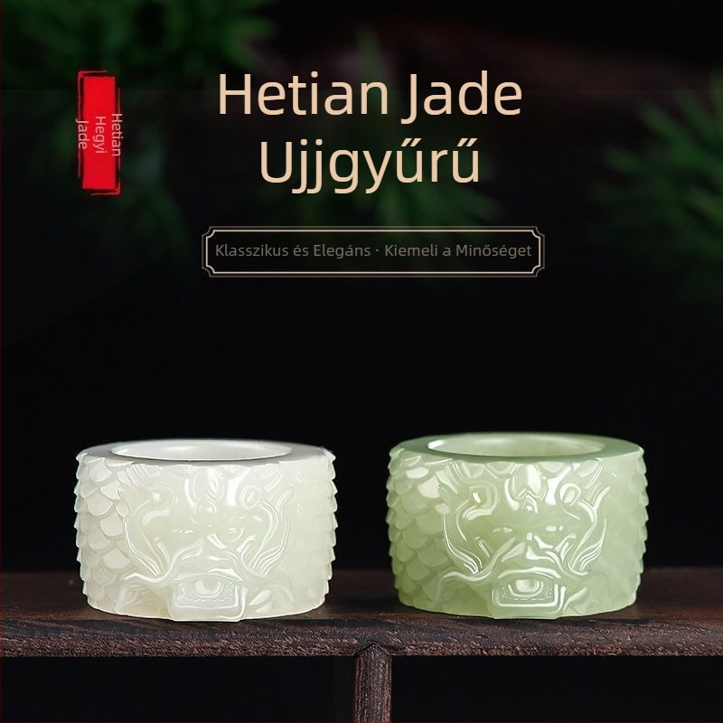Természetes Hetian fehér jade gyűrű férfiaknak, sárkányfej mintával, vintage stílus.