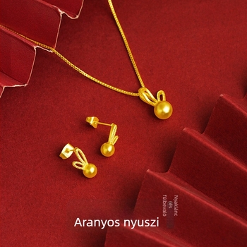 Nyúl évének ékszerszett: Női nyaklánc és fülbevaló, egyszerű stílus, réz-ötvözet, imitált arany bevonattal