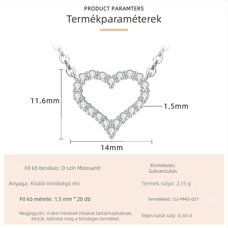 Szív alakú moissanit nyaklánc pavé beállítással, könnyed luxus stílus, elektroplattolt arany árnyalat, réz alap, 45–50 cm hosszú lánc