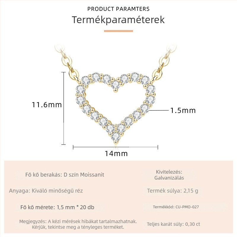 Szív alakú moissanit nyaklánc pavé beállítással, könnyed luxus stílus, elektroplattolt arany árnyalat, réz alap, 45–50 cm hosszú lánc