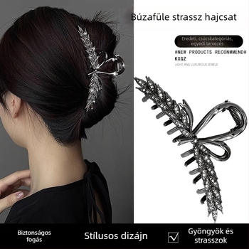Ötvözetből készült hajcsat búza motívummal, sötét fekete, nagy tarkóra