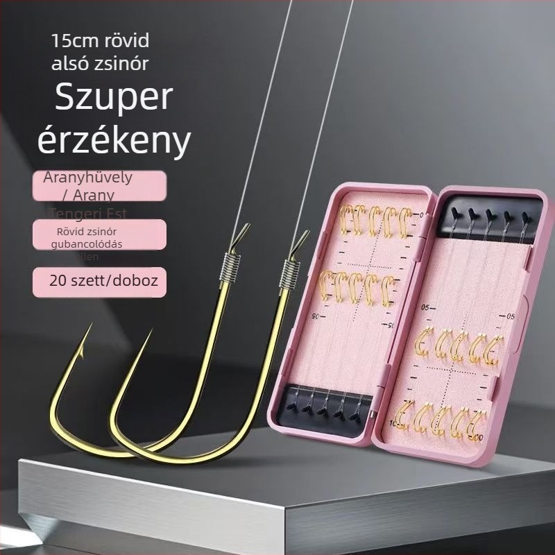 Ultra rövid 15 cm előkés vezető kettős horoggal, előre kötött horogkészlet, anti-tekeredés, arany hüvely
