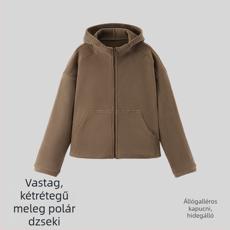 Női vastag fleece kabát szélvédett, laza szabás, zsebekkel és kapucnival – kültéri sportoláshoz.