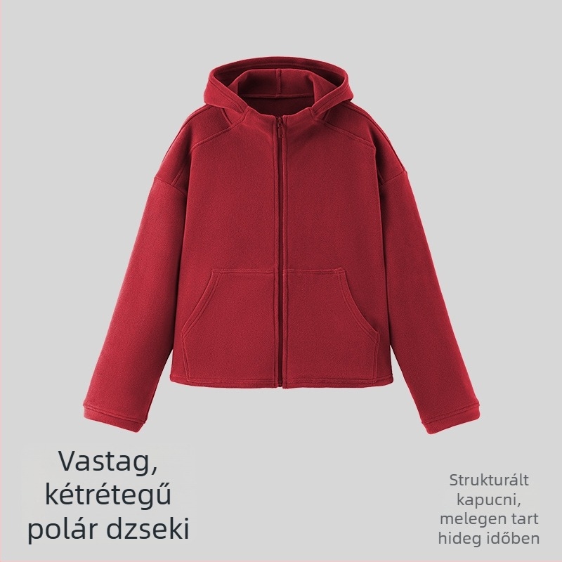 Női vastag fleece kabát szélvédett, laza szabás, zsebekkel és kapucnival – kültéri sportoláshoz.