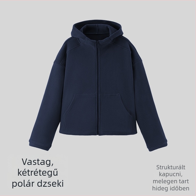 Női vastag fleece kabát szélvédett, laza szabás, zsebekkel és kapucnival – kültéri sportoláshoz.