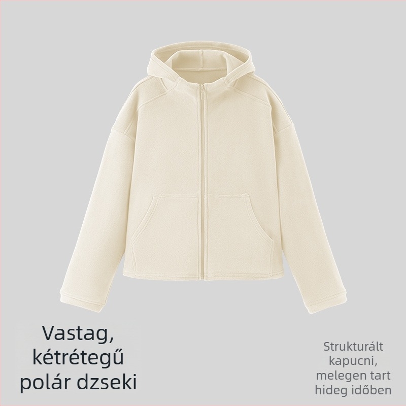 Női vastag fleece kabát szélvédett, laza szabás, zsebekkel és kapucnival – kültéri sportoláshoz.