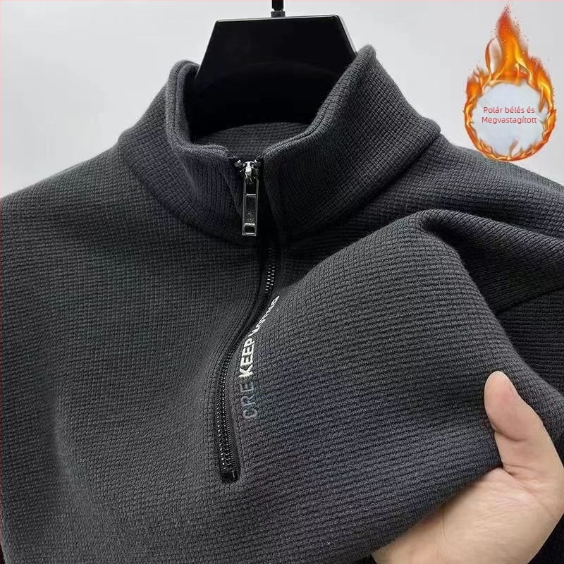 Új férfi fél-zip fleece béléses pulóver, téli meleg, kényelmes viselet, hosszú ujjú, álló gallér
