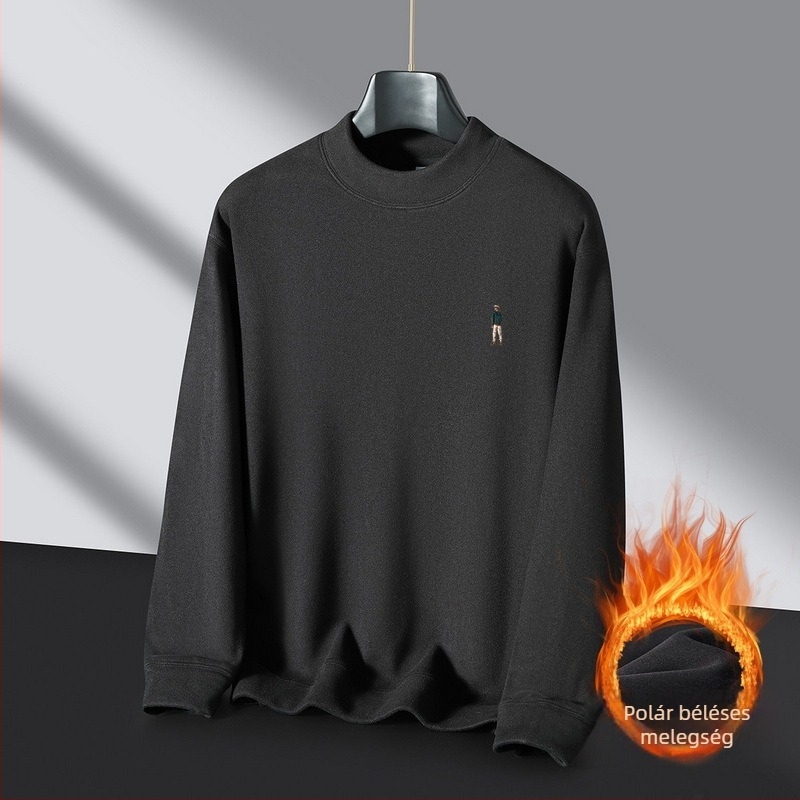 Férfi téli fleece-betétes pulóver kerek nyakkal, meleg, kényelmes, lazán szabott