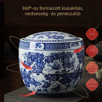 Jingdezhen kerámia rizstároló edény szoros záródással, kézzel festett kék‑fehér porcelán tároló