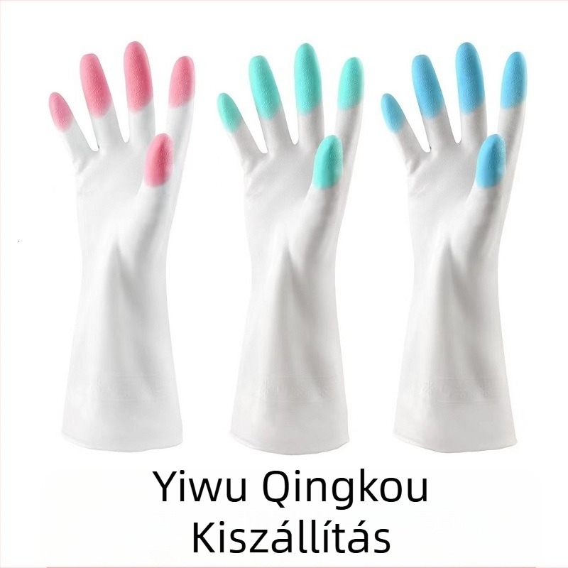 Fehér PVC konyhai kesztyűk, vízállóak és tartósak, 31 cm hosszú, kétszínű mintázat, mosogatáshoz és mosáshoz.