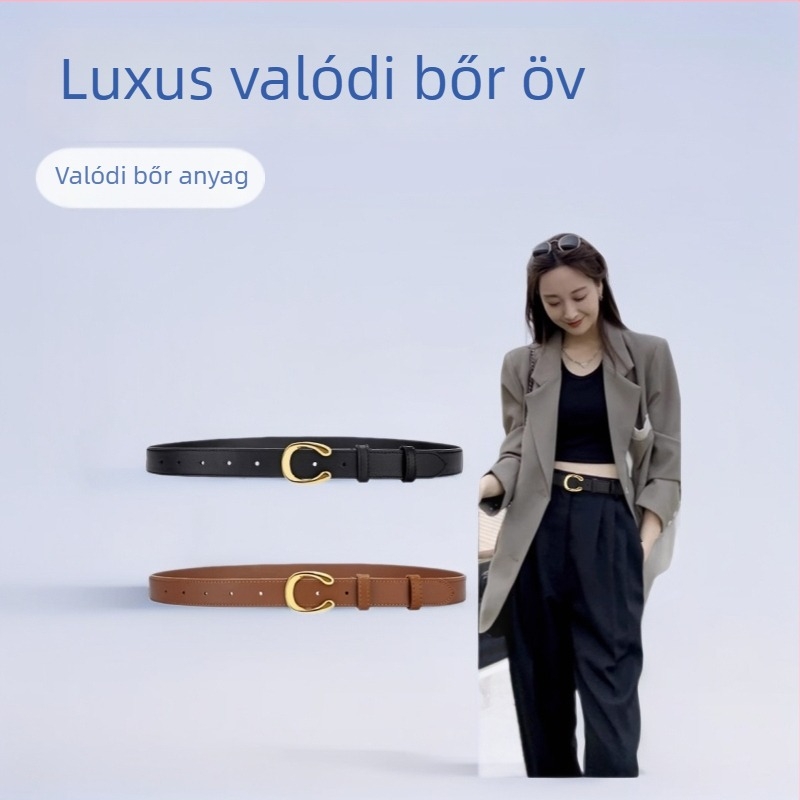 Két réteg marhabőrből készült farmeröv, sima U-alakú csattal, karamell színben, női öv tűcsattal, irodai és mindennapi viselethez, könnyű luxus stílus
