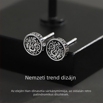 925 ezüst sárkány mintás stud fülbevaló férfiaknak, új kínai retro stílus, fekete festett sárkány totem
