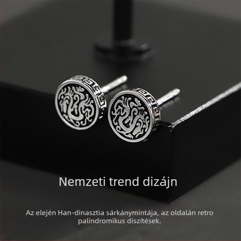 925 ezüst sárkány mintás stud fülbevaló férfiaknak, új kínai retro stílus, fekete festett sárkány totem