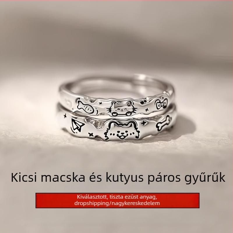 S999 ezüstből készült macska– és kiskutya páros gyűrűk, könnyed luxus, édes és romantikus ajándék Valentin-napra
