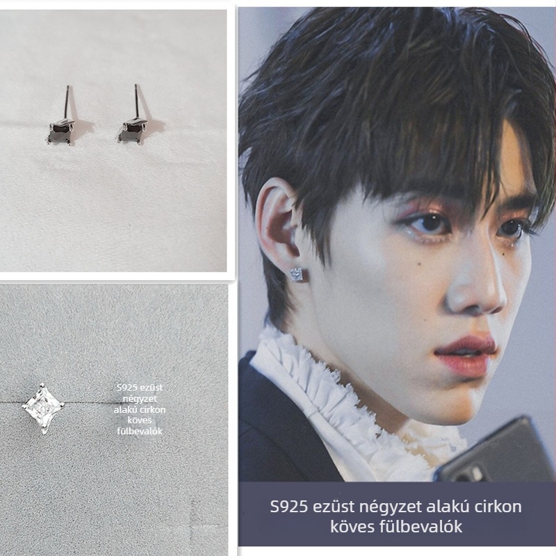 S925 sterling ezüst gyémántos stud fülbevalók – uniszex, téglalap alakú cubic zirconia
