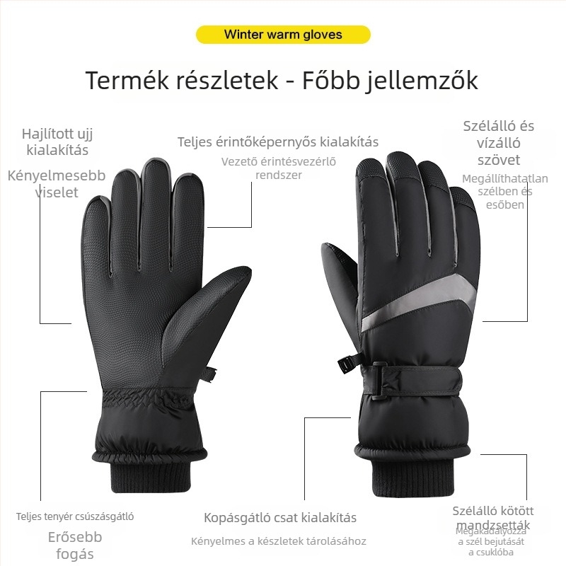 Uniszex téli síkesztyű fleece-borítással, vastag, szél- és vízálló, érintőképernyő-kompatibilis, kültéri kerékpározáshoz, meleg