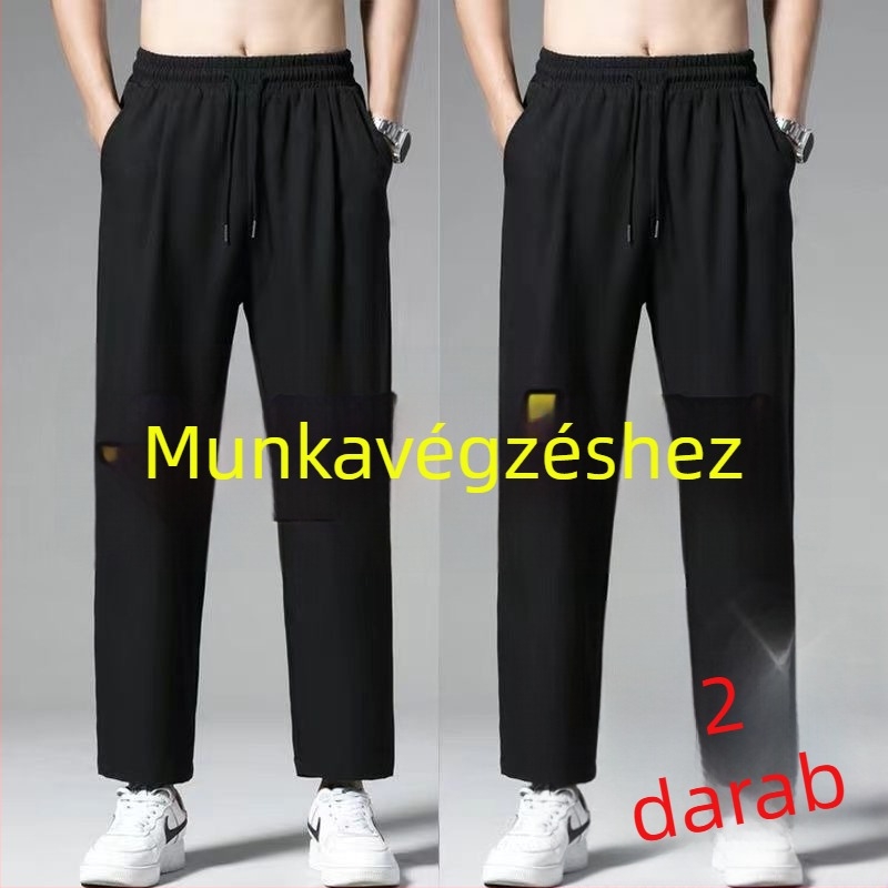 Férfi nyári sportos casual nadrág, vékony poliészter keverékből, egyenes szabású, középmagas derék, kötőzár és övvel