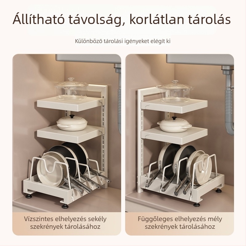 Sokrétű, állítható konyhai edénytároló állvány – álló szekrény a pulton és a mosogató alatt tároláshoz