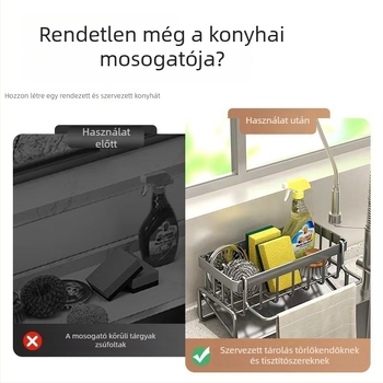 Konyhai mosogató rendező lefolyó kosárral, szivacs- és mosószer-tartóval