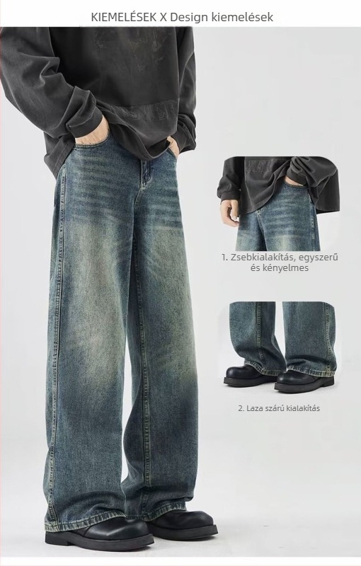 Férfi mosott denimnadrág, High Street stílus, laza, széles szárú egyenes szabású, 2026-os újdonság