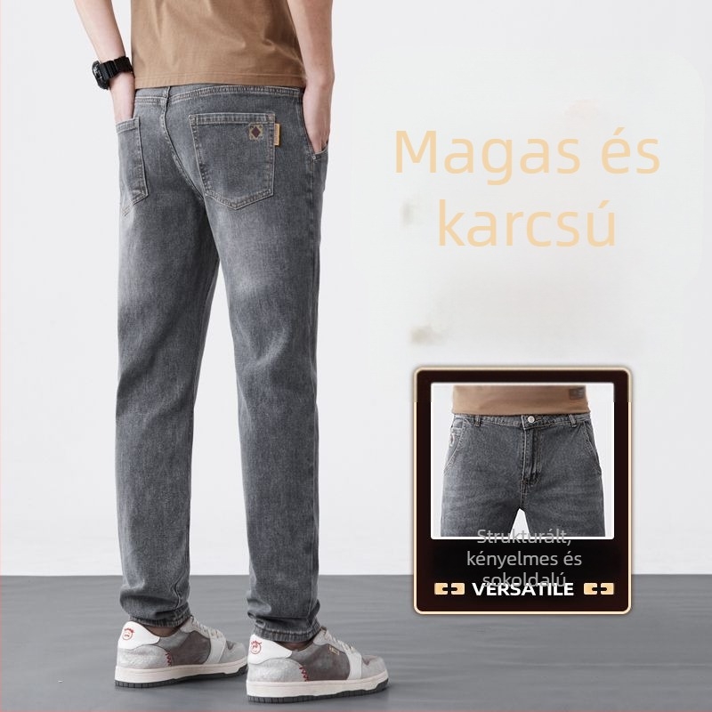 Férfiaknak szürke egyenes szabású farmer hímzéssel, kiváló minőségű kényelmes denim
