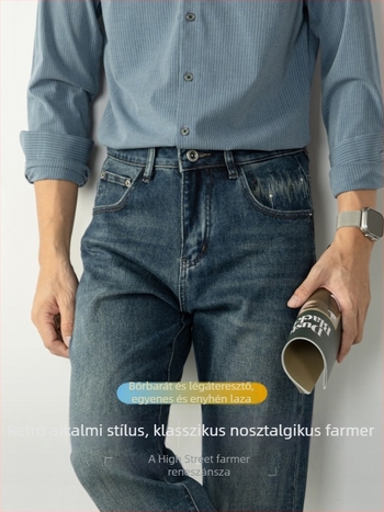 Férfi sztreccses farmernadrág, egyenes szabású, mosott hímzéssel, lélegző mindennapi nadrág őszre.