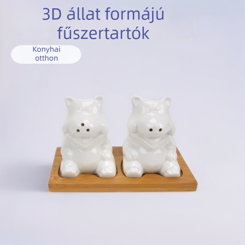 3D állat alakú kerámia fűszertartók, bors és só számára, két darabos készlet fa tálcával
