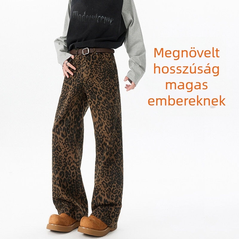 Férfi leopárd mintás farmernadrág, hosszított fazon, magas testalkathoz, hosszú nadrág tavasz-őszre, plusz méret, egyenes szabás