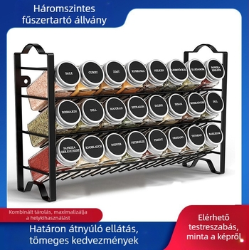 Konyhai falra szerelhető fűszertartó, háromszintű, vasból készült