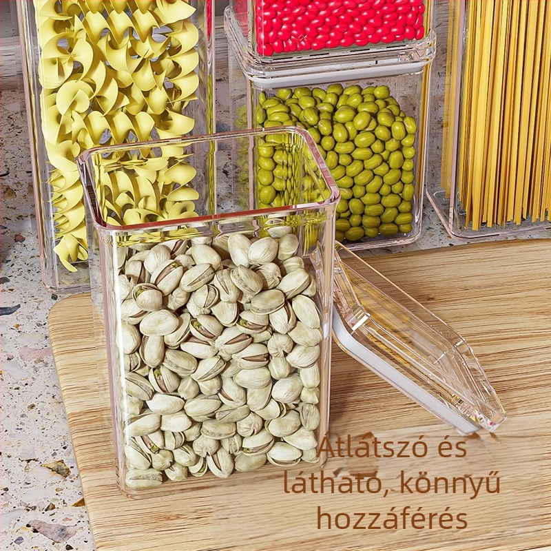Élelmiszer-minőségű zárható tárolóedény gabonák, nassolnivalók, diófélék és száraz termékek számára; nedvességálló, négyszögletes formájú, 5 L kapacitású